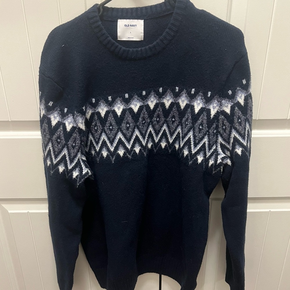 Old Navy Men's Dark Blue Patterned Crewneck Sweater